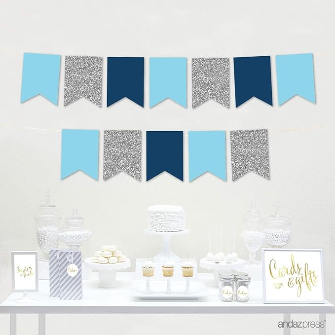 Andaz Press Hanging Pennant Banner with String, Baby Blue, Navy Blue, Silver, 1-Set, 24 Pennants, Approx. 12-Feet Long, Bar Mitzvah Hanukkah Theme Colored Supplies