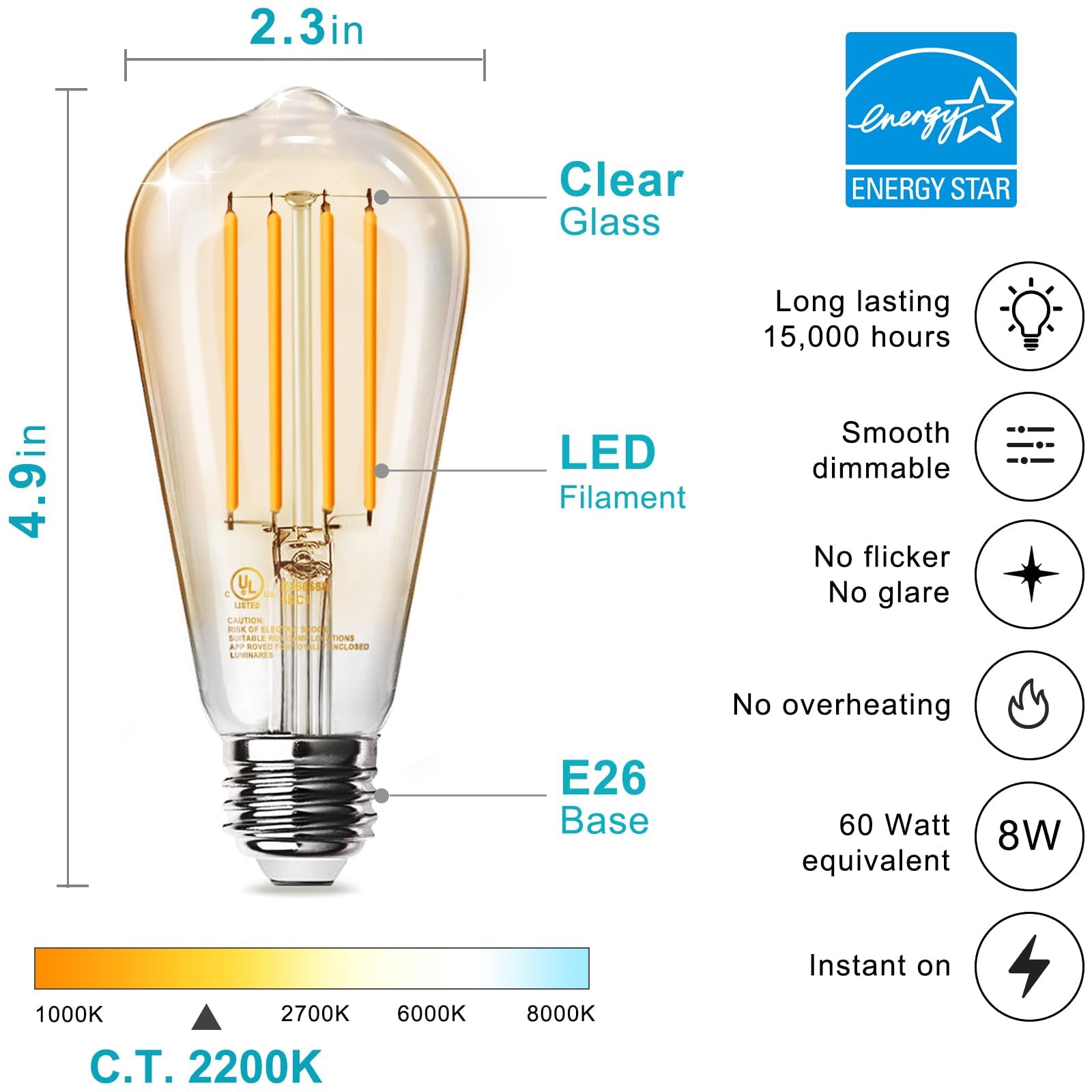 TJOY 12 Pack Vintage LED Edison Amber Light Bulbs, 60W Equivalent, Dimmable, 8W, 800 Lumens, 2200K Soft White, ST58, E26 Base LED Filament Bulbs, CRI80+, Antique Glass Style for Home, Bedroom