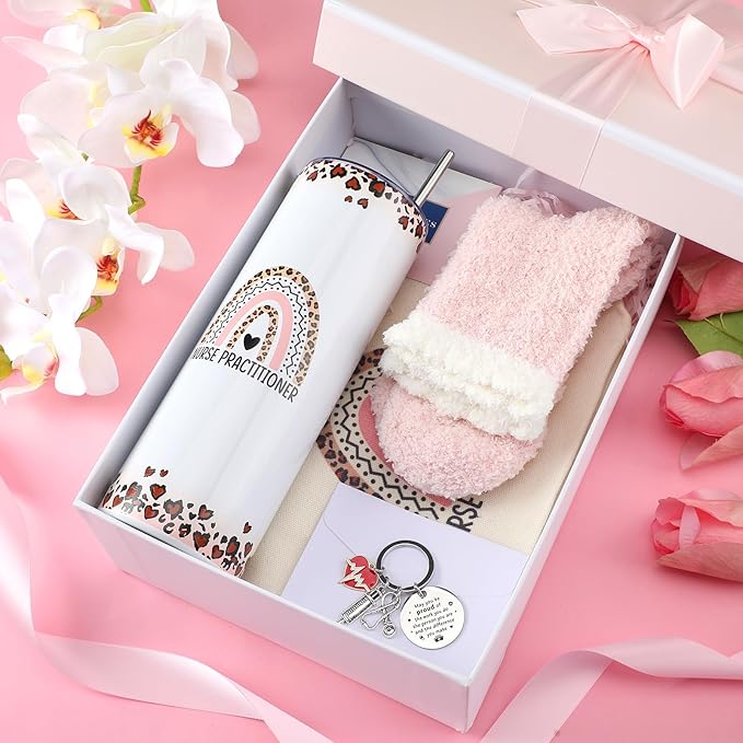 Geiserailie 8 Pcs Christmas Nurse Practitioner Gifts for Women Including Large Tote Bag Cosmetic Bags Tumbler Cup Plush Socks Metal Keychain Card and Envelope for Nurse Practitioner Thank You Gifts