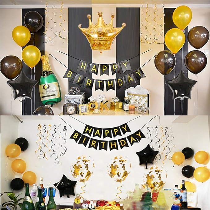 Birthday Party Decorations KIT - Happy Birthday Banner, Gold Crown Balloon Gold and Black Latex Balloons, Perfect Party Supplies