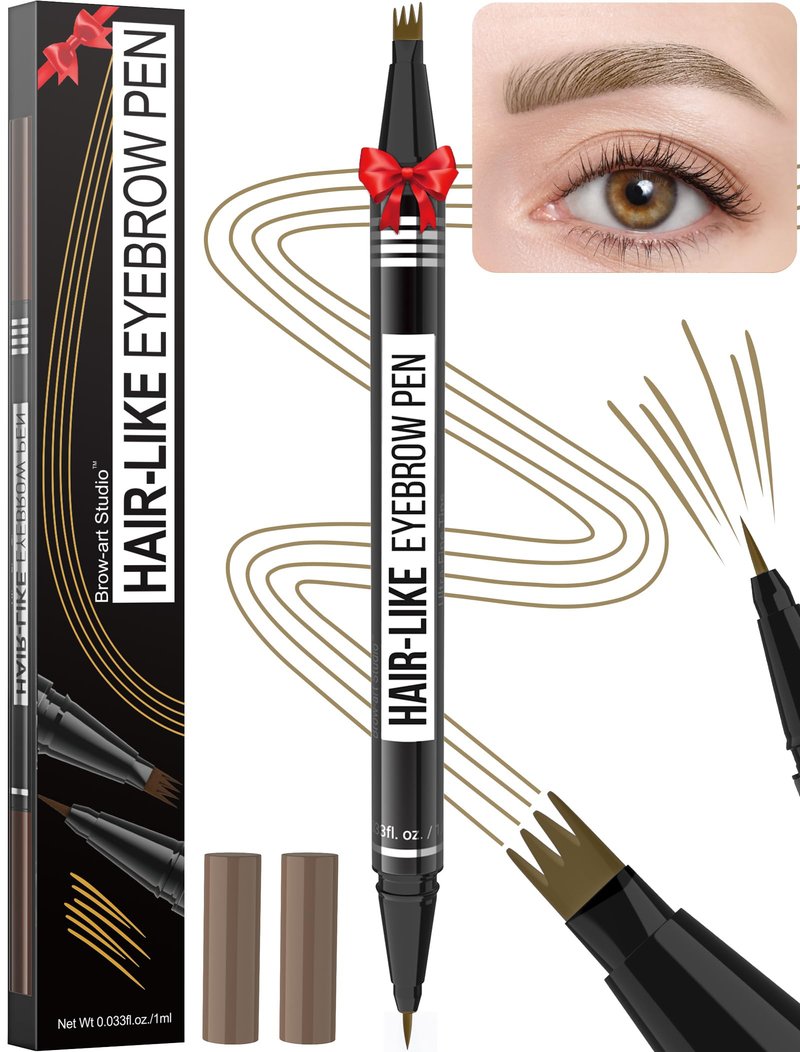 Microblading Eyebrow Pen - Eyebrow Pencil Magical 2-in-1 Dual-Ended Waterproof Eye Brow Pencils for Women with 4-Fork-Tip & Precise Brush-Tip for Natural Hair Like Strokes, Last All-Day, Light Brown
