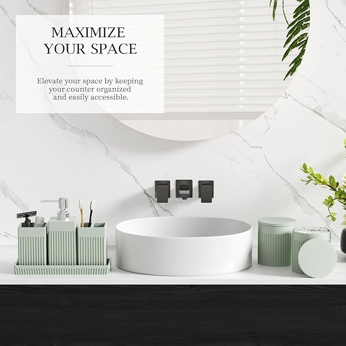 Bathroom Accessories Set, 6-Piece Resin Green Bathroom Set with Toothbrush Holders, Soap Dispenser, Vanity Tray, Tumbler, Cotton Swab Jars, Modern Bathroom Organizer for Small Spaces