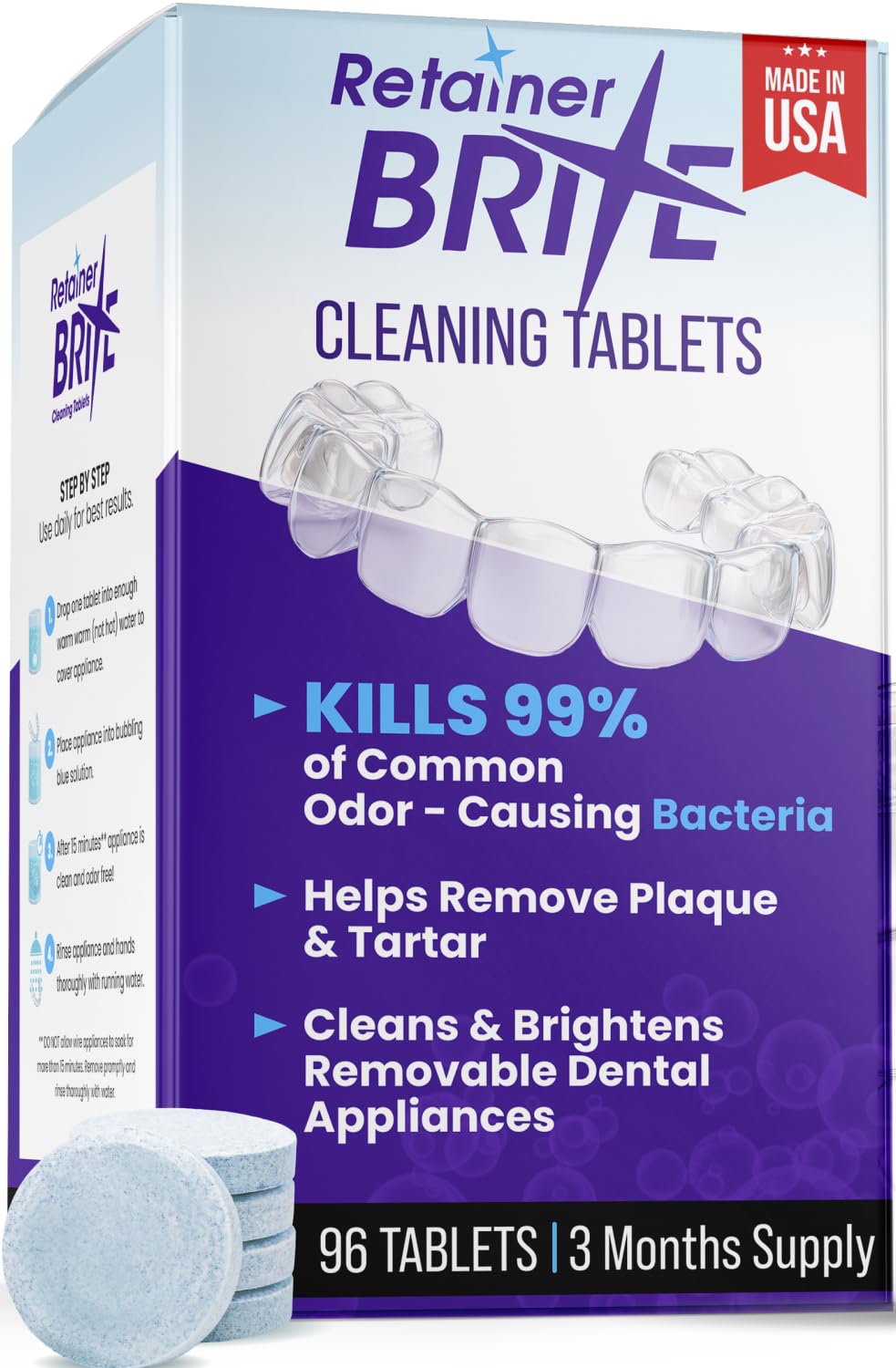 Retainer Brite Cleaning Tablets – For Retainers, Aligners, Nightguards & Mouthguards, 3-Month Supply, 96 Count