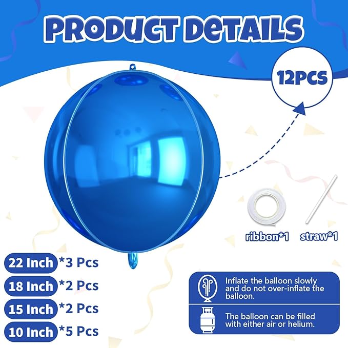 Biapian 12Pcs Dark Blue Round Foil Balloons, 22" 18" 15" 10" 4D Round Ball Shaped Balloon, Big Blue Metallic Balloons for Birthday Party Baby Shower Graduation New Year Eve Disco Decorations Supplies