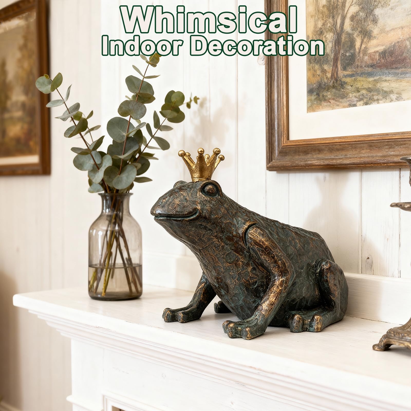Lune cle Crouching Frog Prince Garden Statue, Yard Decorations Outdoor Decor, Weather-Resistant Animal Figurines & Sculptures for Patio & Porch, 11.5" L×8" H