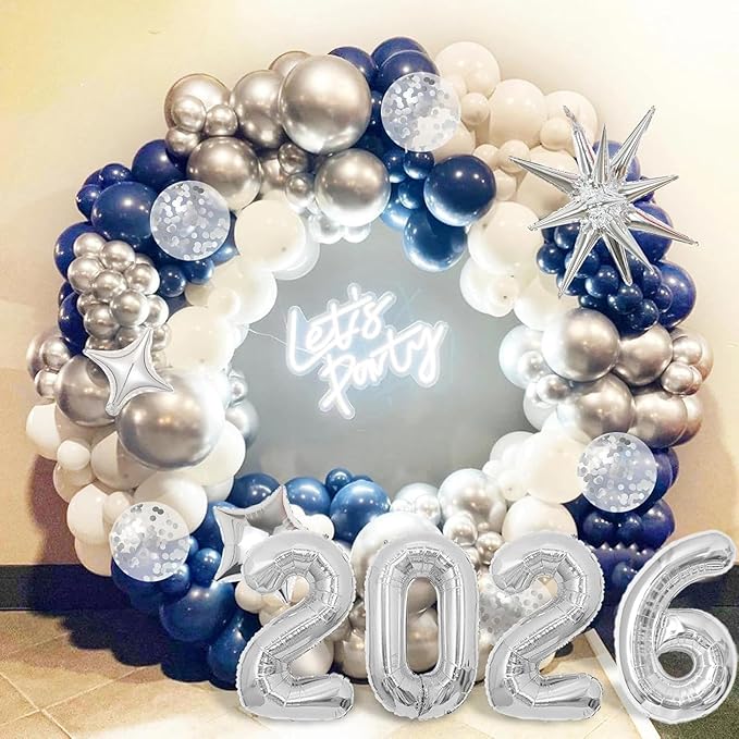 Graduation Balloon Garland Arch Kit for Graduation Decorations Class of 2026 - Navy Blue White and Silver Balloons Different Sizes 5 12 18 Inch Graduation Balloons Arch for Grad Party Supplies