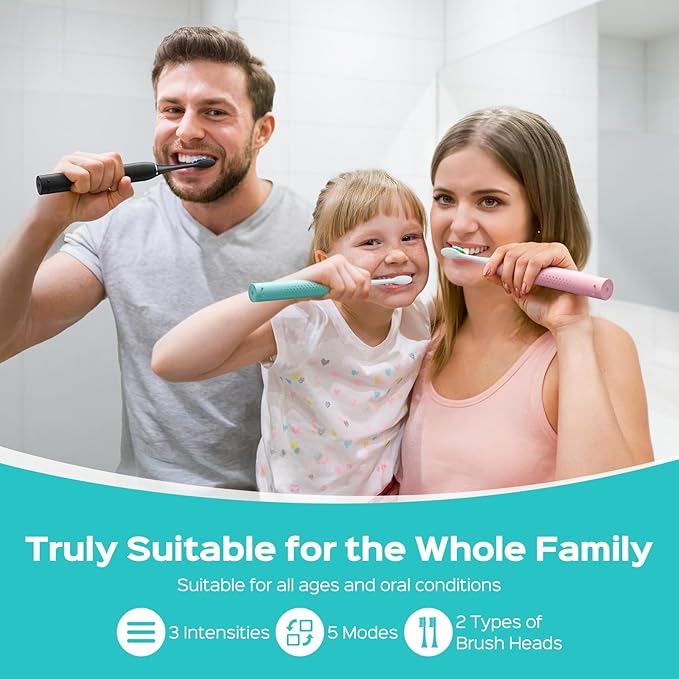 COSLUS Sonic Electric Toothbrush for Adults: 3 Intensities & 5 Modes Gum-Friendly for Deep Cleaning & Whitening - 2 Types of Heads for Family, Sensitive Teeth, Braces, Travel & Home Use, Black, 1PC