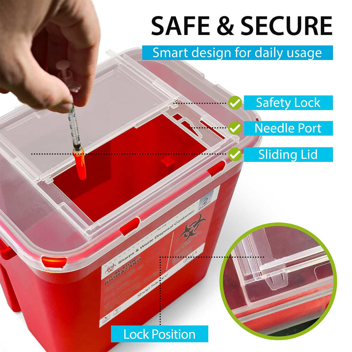 Sharps Containers for Home Use 2 Gallon (3-Pack) - Needle Disposal, Professional Grade Biohazard Containers