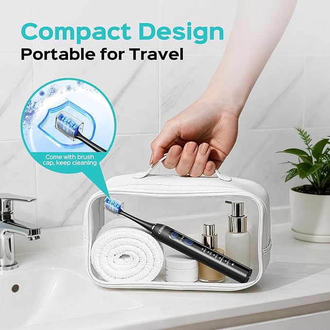 COSLUS Sonic Electric Toothbrush for Adults: 3 Intensities & 5 Modes Gum-Friendly for Deep Cleaning & Whitening - 2 Types of Heads for Family, Sensitive Teeth, Braces, Travel & Home Use, Black, 1PC