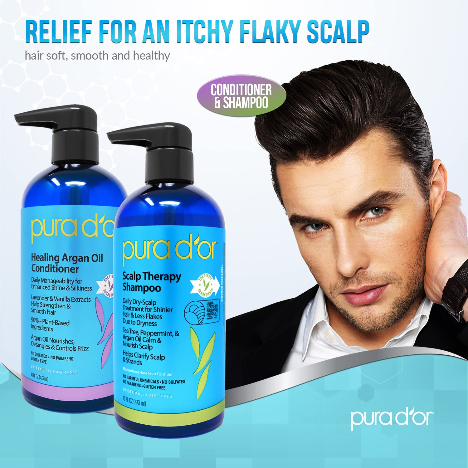 PURA D'OR Scalp Therapy Shampoo & Healing Conditioner Set For Dry & Nourishes Hair with Tea Tree & Scalp Therapy Energizing Scalp Serum Revitalizer with Argan Oil, Catalase & DHT Blockers