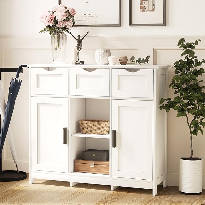 Sideboard Floor Storage Cabinet - Wooden Storage Organizer with 2 Doors and 3 Drawers, Free Standing Accent Buffet Cabinet with Adjustable Shelves for Living Room, Kitchen,Bathroom (White)