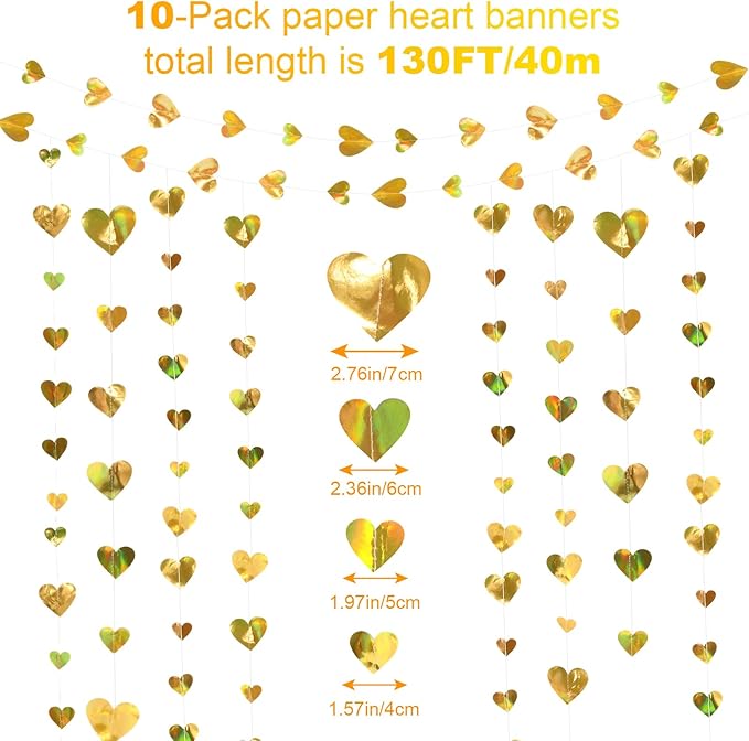 10 Pack 130ft Champagne-Gold Holographic Heart Party Garland Asymmetrical Love Hanging Banners for Birthday Wedding Engagement Bachelorette Neutral Baby Bridal Shower Decorations