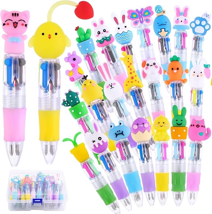 24PCS Easter Fun Pens 0.7mm Cute Bunny Egg Multicolor Ballpoint Pens Retractable 4 Colors in 1 for Easter Party Favors Basket Stuffers School Supplies Students Rewards