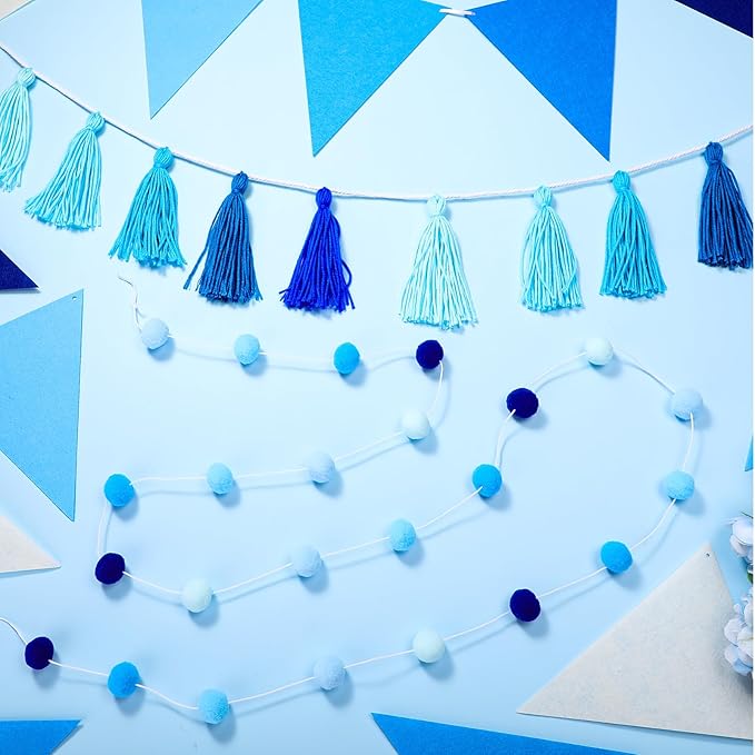 Irenare 9.8ft Pom Pom Garland Felt Rainbow Garland Graduation Party Decoration Colorful Pennant Tassel Banner Birthday Baby Shower Triangle Banner for Classroom School Mantel Fireplace(Blue)