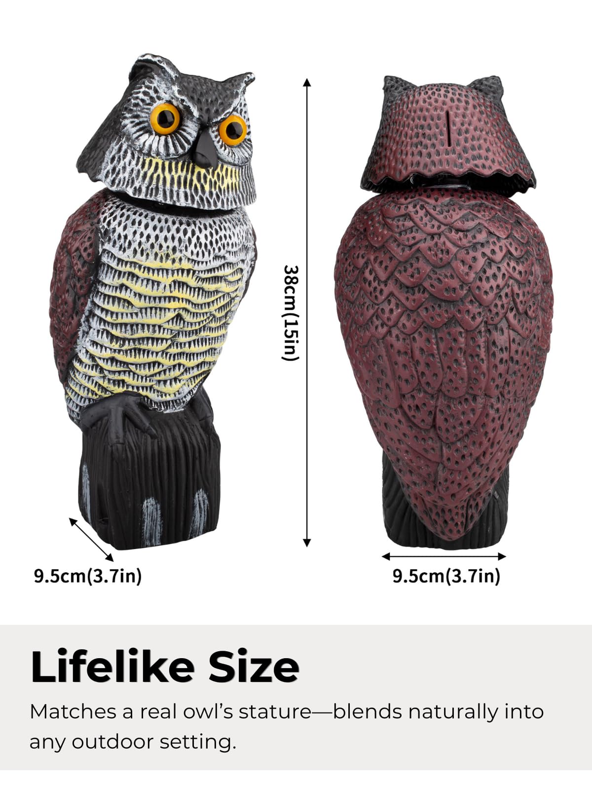 Garden Fake Owl Sculpture with 360° Rotating Head, Waterproof Garden Owl