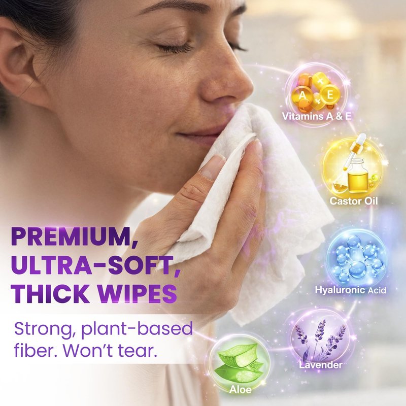 BeautyFrizz Lavender Face Wipes - Gentle No Rinse Makeup Remover and Facial Cleansing Wipes - Contains Aloe, Castor, Vitamin A and E - Suits Sensitive Skin - Moisturizing - Extra Soft (240 pcs)