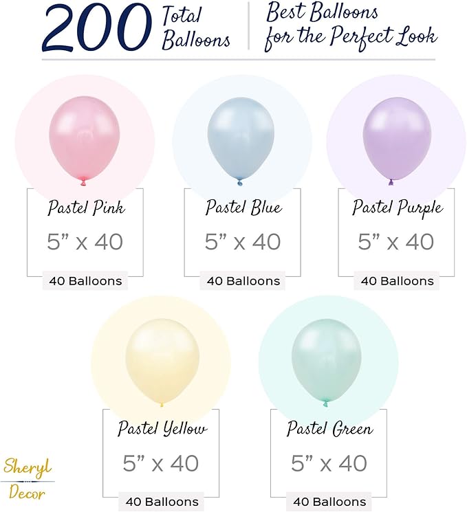 200 Small Pastel Balloons for Parties – 5 Inch Balloons Bulk Pack – Mini Assorted Blue, Light Purple, Yellow, Mint Green and Pastel Pink for Unicorn, Easter, Matte, or Macaron - Rainbow Party