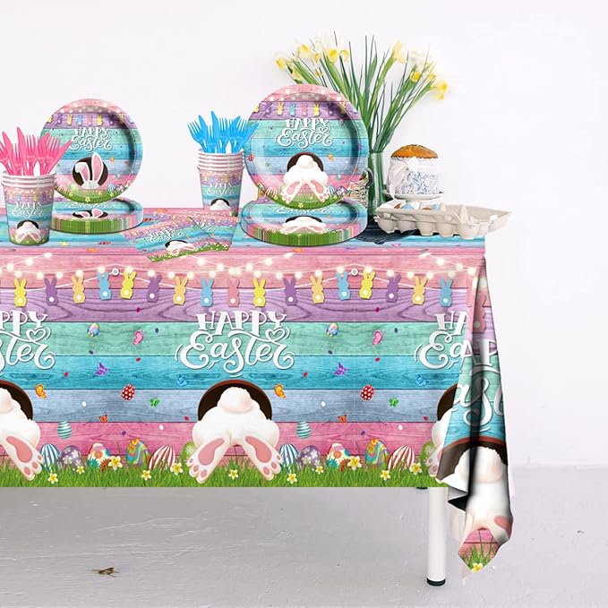 Easter Party Supplies-Happy Easter Tableware,142pcs Easter Plates and Napkins Bunny Plates Easter Tablecloth for Colorful Spring Easter Party (Tableware)