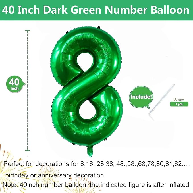 Green Number Balloons, 40 Inch Dark Green Balloon 8.8 Helium Balloon 8th Birthday for 8 Years Birthday Party Wedding Anniversary Decoration Children Girls Boys