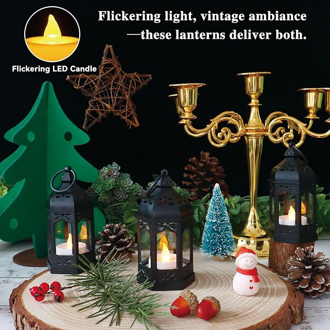 LLQ 8Pcs Mini Lanterns for Centerpiece, Medieval Gothic Fairy Party Decor, Decorative Candle Lanterns for Indoor, Small Vintage Lantern for Halloween Christmas Wedding Table Decor, Black