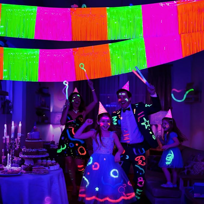 Mega-L Glow in The Dark Party Supplies, 4 Pack Foil Fringe Garland Birthday Party Decorations 9.8 ft Fluorescent Macaron Orange, Yellow and Fuchsia Metallic Tinsel Banner, Photo Booth Prop Table Skirt