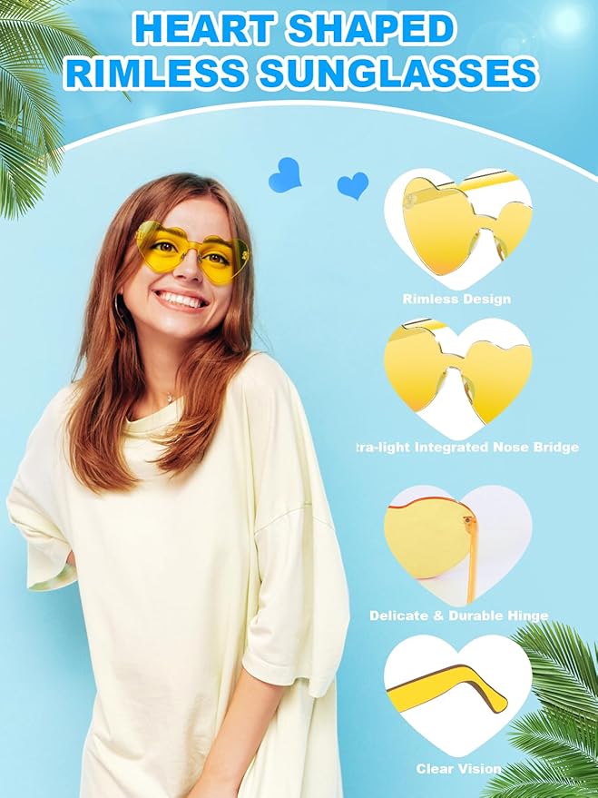 Heart Shaped Sunglasses for Women Colorful Glasses Fun Trendy Transparent Heart Sunglasses Party Favor (1 Pair-Transparent Yellow)