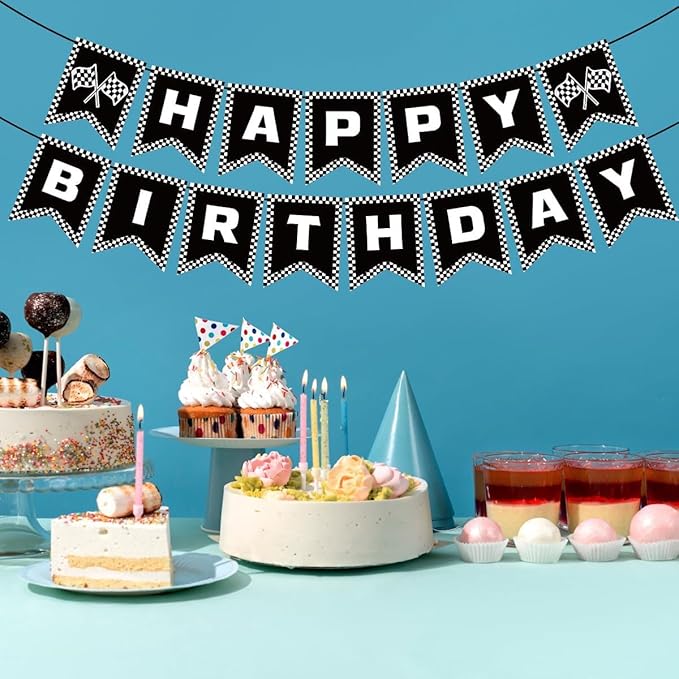 Race Car Happy Birthday Banner Race Car Birthday Party Decorations Black and White Checkered Flag Banner Racing Themed Checkered Flag Party Supplies for Boys
