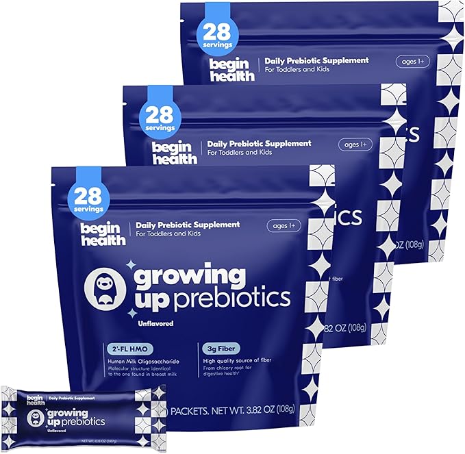 Begin Health Growing Up Prebiotics for Kids 84-Packs | Prebiotic Soluble Powder Stool Softeners and Digestive Gut Health Supplement | Ideal to Mix with Kids Daily Beverages and Soft Foods - Unflavored