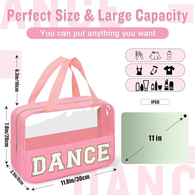 Dance Bag for Girls Chenille Letter Clear Makeup DANCE Stuff Shoe Bag,Toddler Dance Recital Gifts Ballet Cosmetic Zipper with Handle,Dance Competition Accessories Toiletry Storage Women(DANCE-Pink)