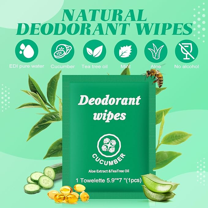 Travel Deodorant Wipes Individually Wrapped,Body Wipes to Clean Skin for Women Men（Cucumber,pack of 50)
