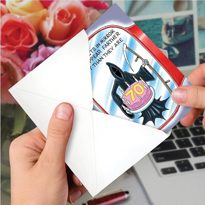 NobleWorks - 70th Milestones Birthday Blank Greeting Card with 5 x 7 Inch Envelope (1 Card) - Objects in Mirror 70 4849K