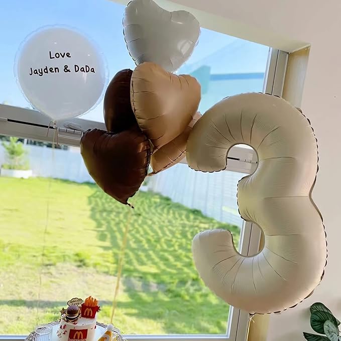 3 Balloon, Number 3 Balloon, 3 Balloon Number 40 Inch, Sand White Large Big Foil Number Balloons for Birthday Party Graduation Wedding Anniversary Baby Shower Bachelorette Decoration Supplies