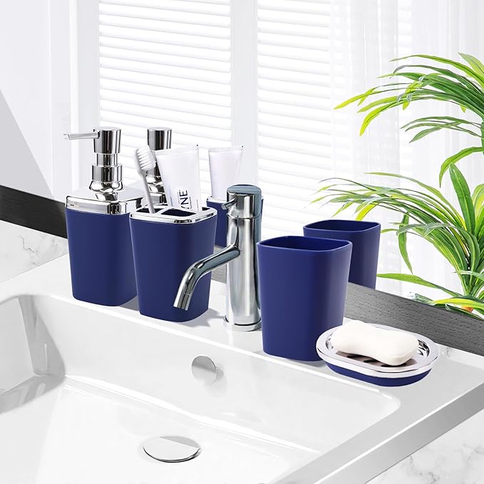 Blue Bathroom Accessories Set, Bathroom Sets with Shower Curtain, Navy Blue Bathroom Accessories with Trash Can, Soap Dispenser, Soap Dish, Toilet Brush Holder, Qtip Holders for Bathroom