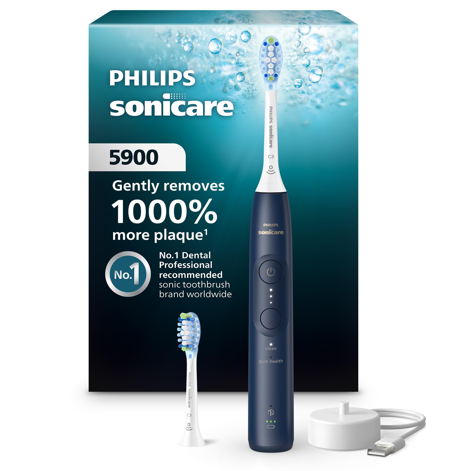 Philips Sonicare 5900 Series Electric Toothbrush, Pressure Sensor, 6 Brushing Settings, SmarTimer, BrushPacer, 21-Day Runtime, Gentle Professional-Clean Feel, for Sensitive Gums, Navy, HX7133/02
