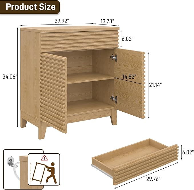 Fluted Buffet Cabinet with Storage, Coffee Bar Cabinet with a Drawer, Sideboard Buffet Kitchen Storage Cabinets with Adjustable Shelves for Living Room, Kitchen, Natural Oak