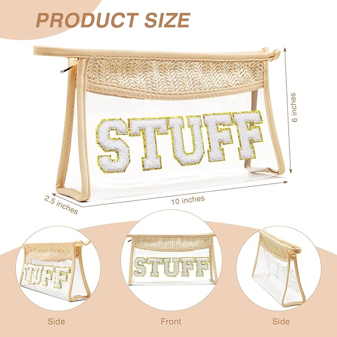 Boho Hand-woven Makeup Bag, Chenille Letter Patch Clear Travel Pouch, Rattan Straw Bag Clear Cosmetic Sunscreen Bags, Women Summer Retro Travel Beach Bag Beach Essentials (Boho_Beige-Stuff)
