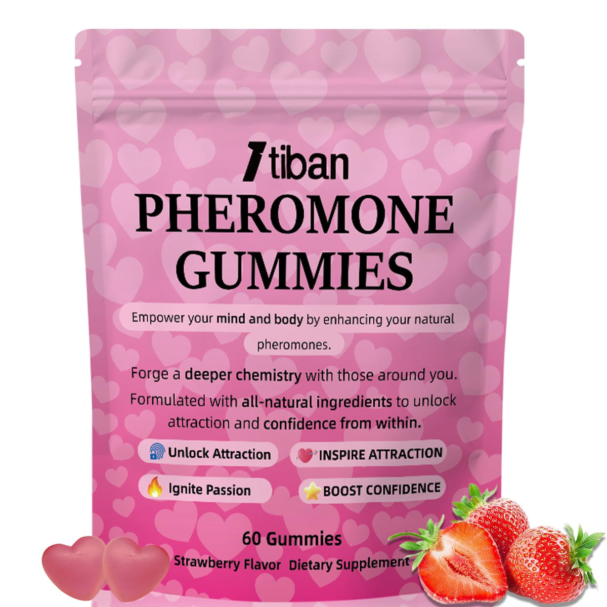 Itiban Pheromone Gummies for her, Women Slippery Elm, Enhance Charm, Supports Balance, Confidence & Social Vibe, Vegan, Non-GMO, Gluten-Free, Strawberry Flavor, 60 Gummies
