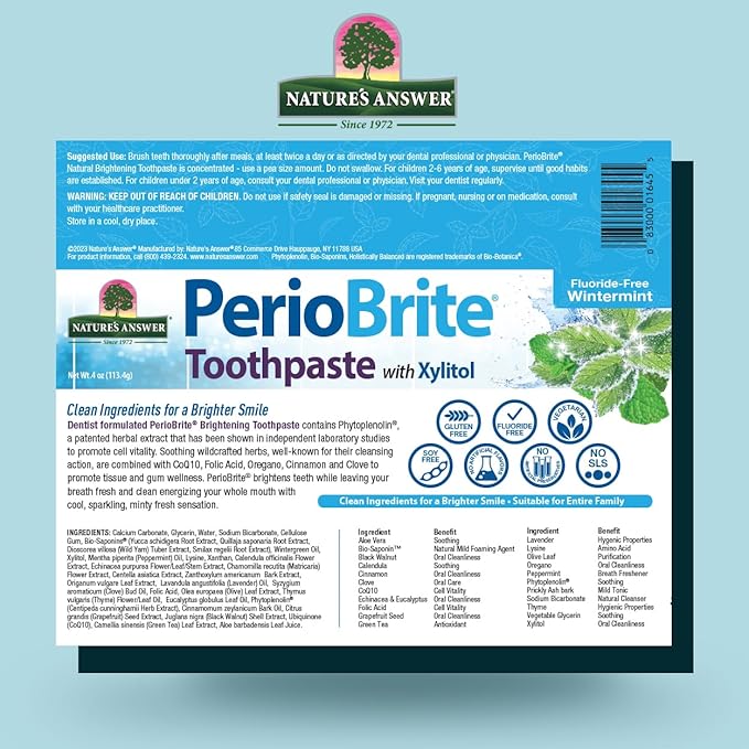 Nature's Answer Periobrite Natural Whitening Toothpaste | Soothes & Refreshes | Gluten-Free, Flouride-Free Soy-Free & Vegetarian | Not Tested On Animals | No Artificial Sweeteners 4oz (3 Pack)