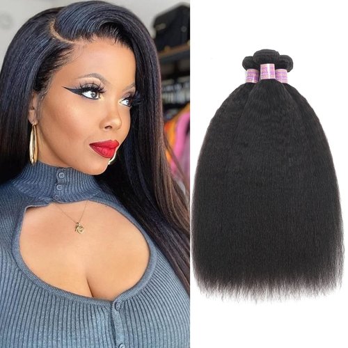 Kinky Straight Human Hair 3Bundles Natural Black Yaki Straigh Brazilian Virgin Remy Hair Grade 10A 100% Unprocessed Kinky Straight Human Hair Extensions (12 14 16 Inch, 3 Bundles)