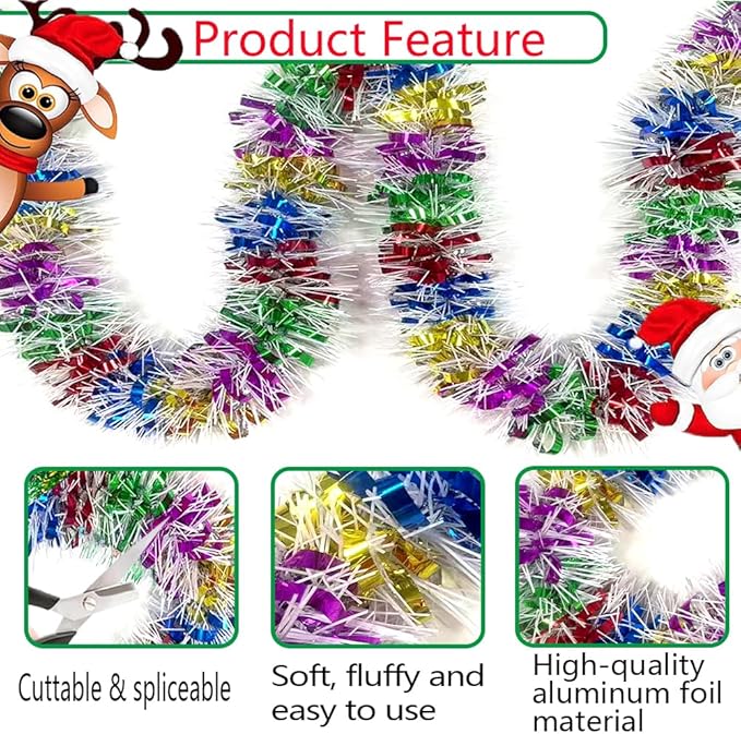 33Ft Long Tinsel Twist Garland Shiny Thick Metallic Foil Xmas Tree Decorations for Birthday Party Christmas New Year Parties Parade Floats and Other Holidays Hanging Decor Supplies-(Colours+White)