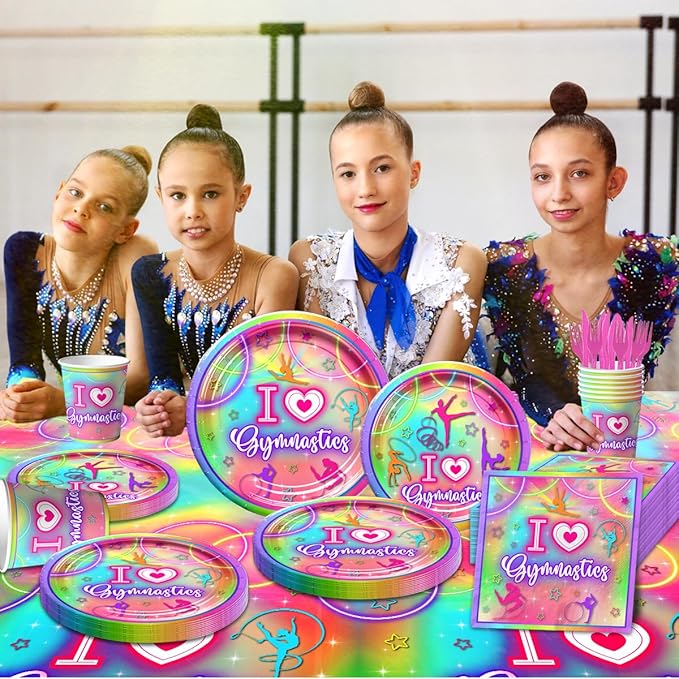 Gymnastics Party Decorations,142pcs Gymnastics Tableware Set I Love Gymnastics Plates Cups Neon Glow Gymnast Table Covers Happy Birthday Banner for Gym Theme Birthday Party Baby Shower