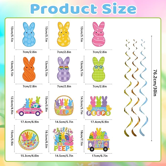 57pcs Easter Party Decorations Banner Set Include Happy Easter Banner Chillin with My Peeps Hanging Swirls Bunny Pattern Hanging Banner 3D Honeycomb Table Centerpieces for Party