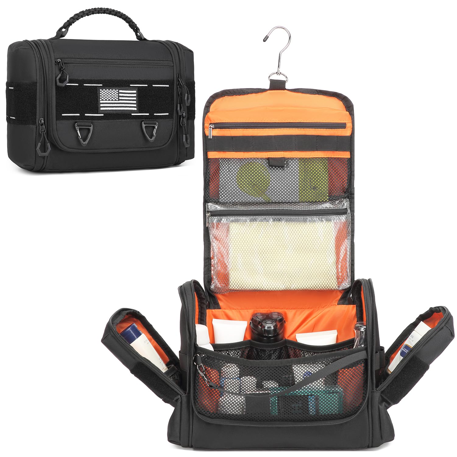 BISKLNDN Tactical Toiletry Bag for Men, Hanging Dropp Kit Mens Toiletry Travel Bag for Toiletries, Traveling & Shaving Kit, Hygiene Bag Shower Bathroom Organizer with Handle & Swivel Hook, Black