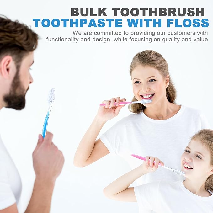200 Sets Bulk Disposable Toothbrushes Toothpaste Floss Individually Wrapped Dental Floss Pick Kit Homeless Hygiene Kit Bulk Homeless Care Package Supplies for Travel Hotel (Light Blue Pink)