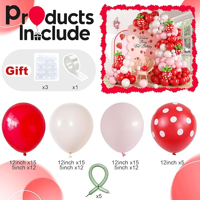 Strawberry Balloon Arch Garland Kit, Red and Hot Pink Balloons with Strawberry Printed and Green Long Latex Balloons for Girls Sweet One Berry First Birthday Baby Shower Princess Decoration Supplies