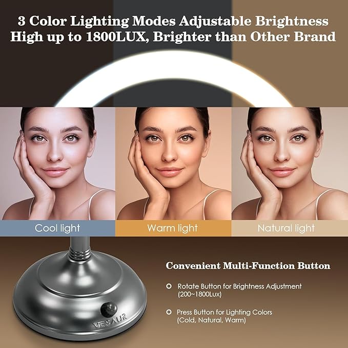 VESAUR Professional 8.5" Lighted Makeup Mirror, 1X/10X Double Sided HD Undistorted Magnifying Mirror with 3 Color 90 Dimmable LED lights, 360° Rotation Vanity Mirror, Unique Black Nickel with Gift Box