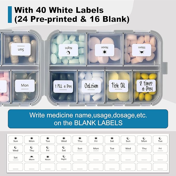 14 GRIDS Travel Pill Organizer Box with Labels - Travel Medicine Case Kit - Pocket Daily Pharmacy Container - Travel Medication Holder Dispenser for Fish Oil Vitamin Supplement Storage - Grey