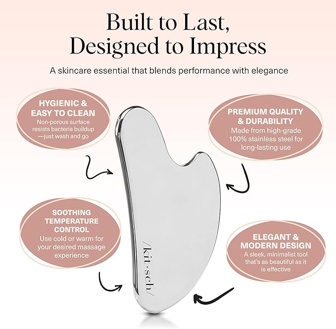 Kitsch Stainless Steel Gua Sha Facial Tools - Guasha Tool for Face, Face Sculpting Tool, Jawline Shaper, Double Chin Reducer, Body Gua Sha Tools, Lymphatic Drainage Massager, Facial Skin Care - Silver