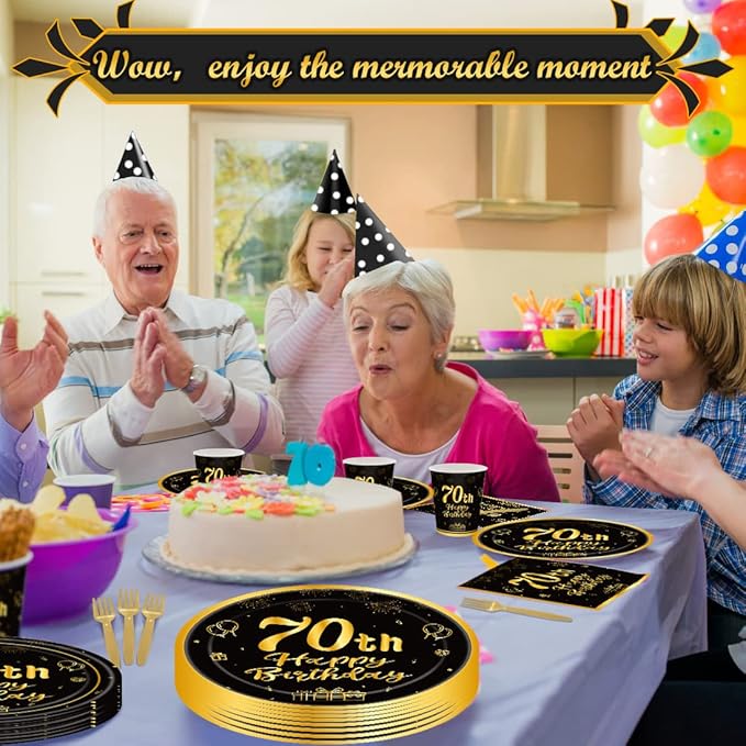 120Pcs 70th Birthday Party Supplies Plates Napkins Cups Forks Tableware Set Gold Black Happy 70th Birthday Themed Disposable Tableware Decoration Serves 24 Guests for Women and Men