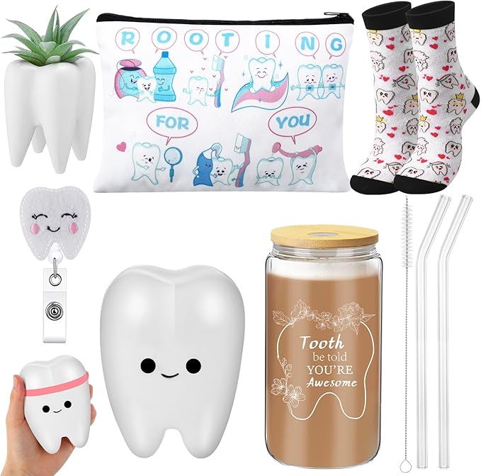 Pickmesh 6 Pcs Dental Gifts Nurse Assistant Hygienist Gifts 16 oz Glass Cups with Lid Makeup Bag Smiling Tooth Shape Felt Badge Holder Ceramic Pen Toothbrush Pot for Women Coworkers(White)